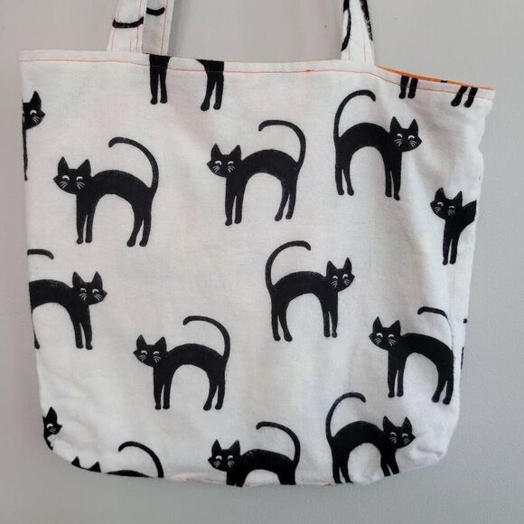 Halloween reversible felt tote pumpkin black cat print glow in the dark spooky h - Picture 5 of 8